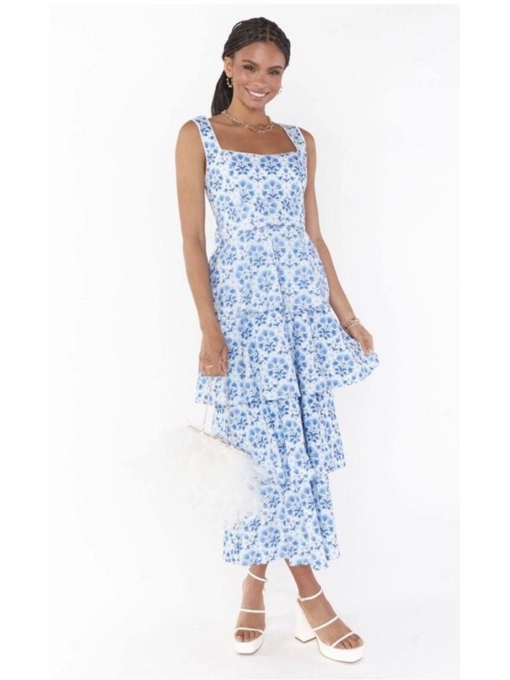 Show Me Your MuMu Blue and White Meg Tiered Floral Maxi Dress